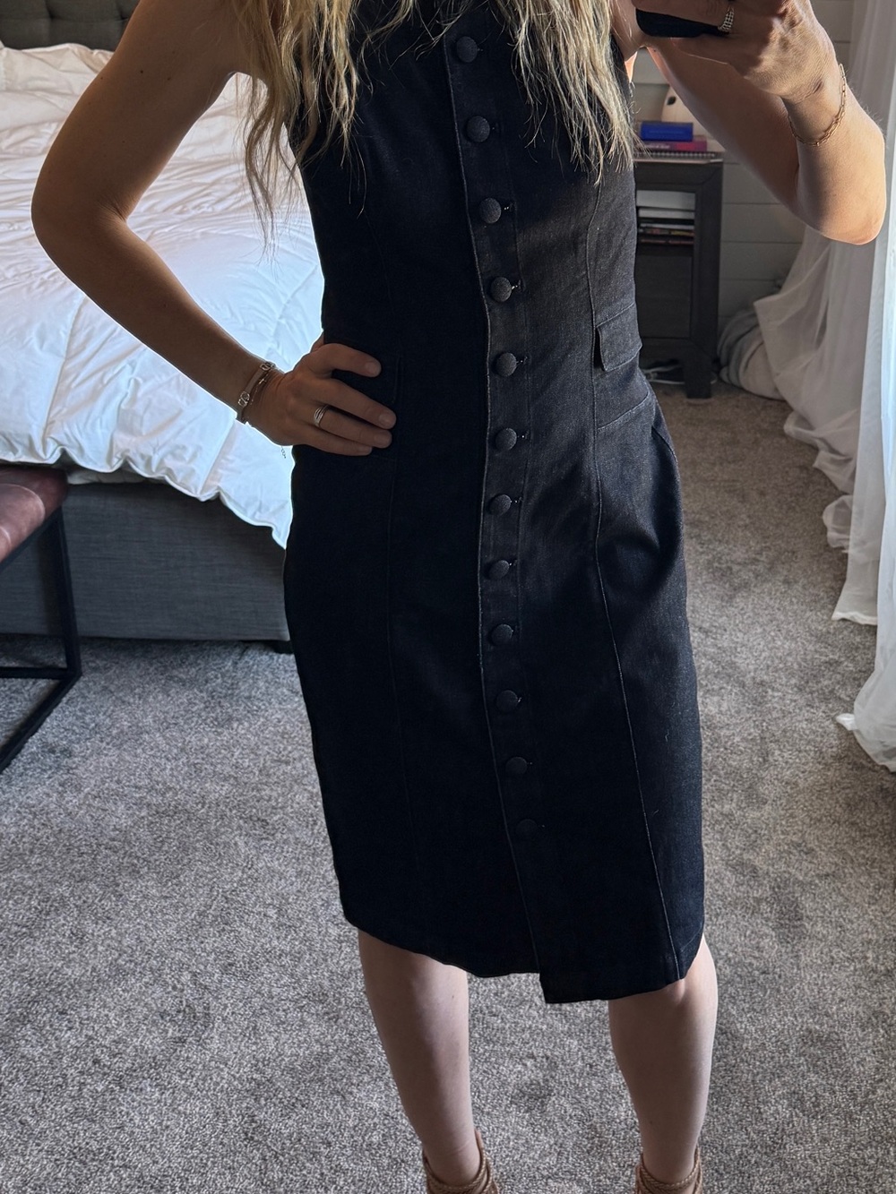 White House Black Market Dark Denim Button-Front Midi Dress